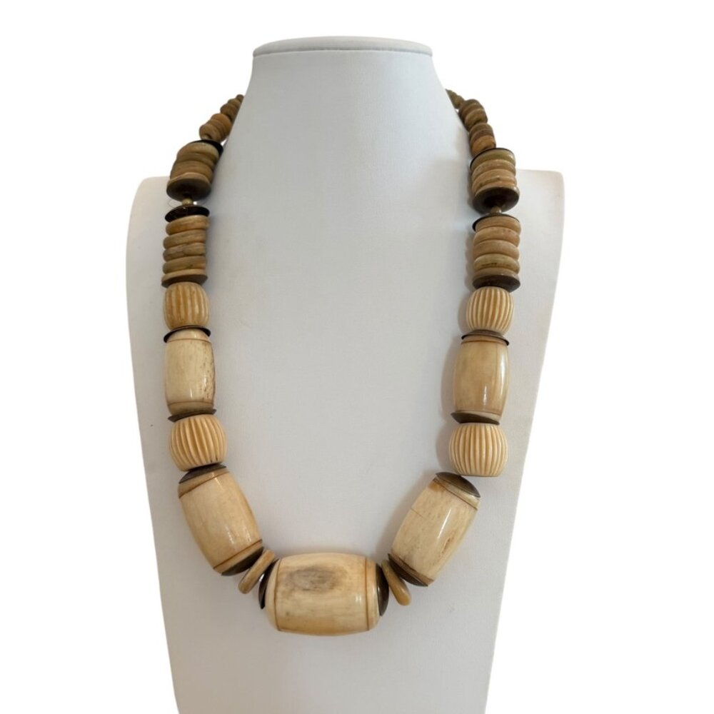 Vintage Cream Bone African statement Tribal Necklace Sterling Silver Chunky